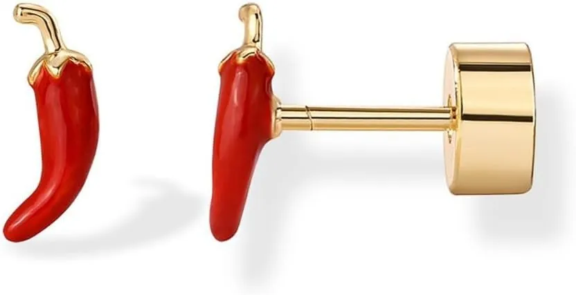 Cute Fruit and Vegetable Design Stud Earrings for Women - 14K Gold Plated Enamel Stud Earrings, Fun and Playful Strawberry, Cherry, and Chili Styles