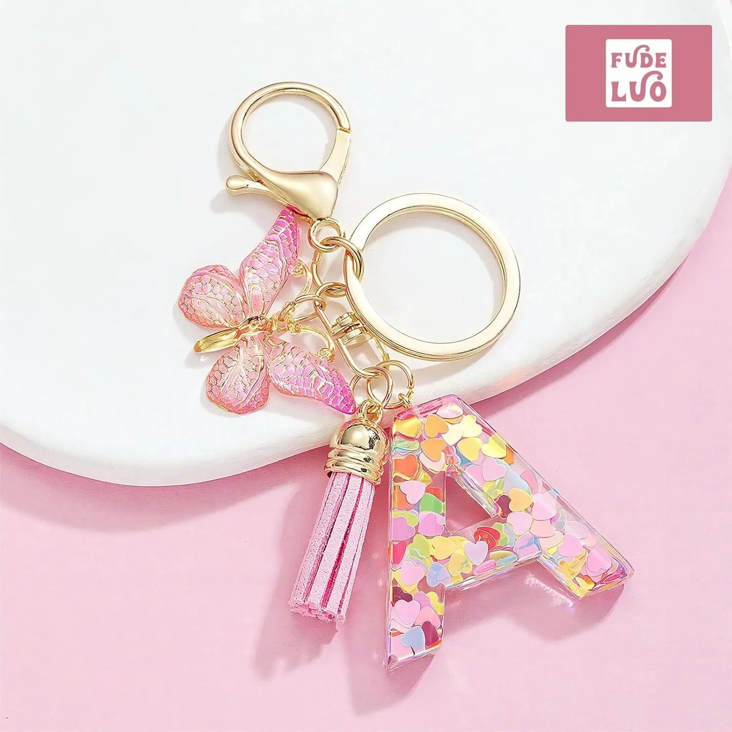 Cute Pink Initial Letter Keychain Tassel Butterfly Pendant for Women Girls CarKey Purse SchoolBag Handbag Cup charm