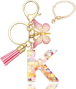 Cute Pink Initial Letter Keychain Tassel Butterfly Pendant for Women Girls CarKey Purse SchoolBag Handbag Cup charm