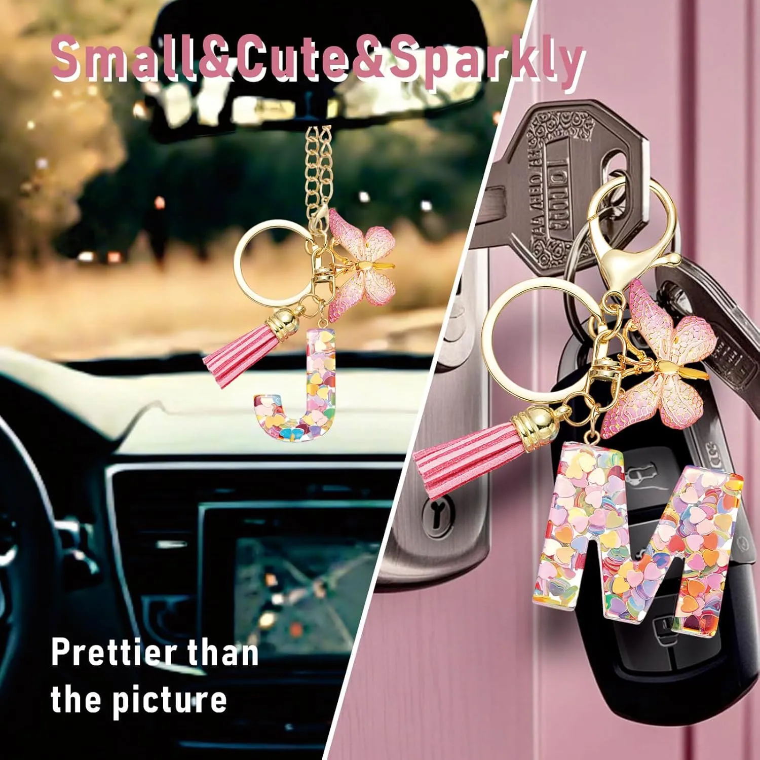 Cute Pink Initial Letter Keychain Tassel Butterfly Pendant for Women Girls CarKey Purse SchoolBag Handbag Cup charm