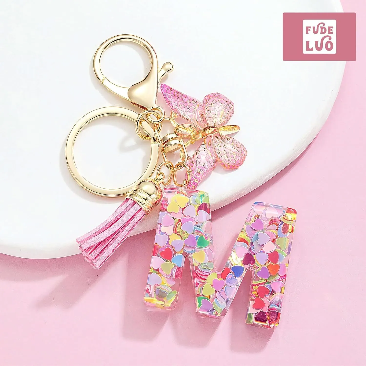 Cute Pink Initial Letter Keychain Tassel Butterfly Pendant for Women Girls CarKey Purse SchoolBag Handbag Cup charm