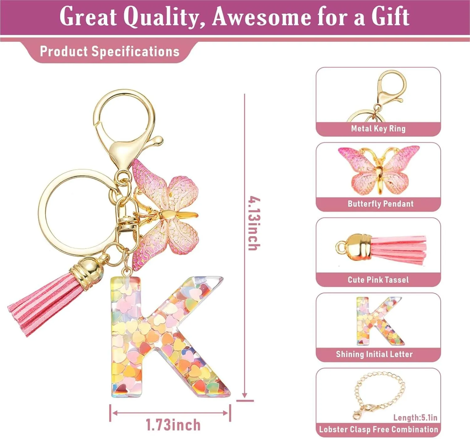 Cute Pink Initial Letter Keychain Tassel Butterfly Pendant for Women Girls CarKey Purse SchoolBag Handbag Cup charm