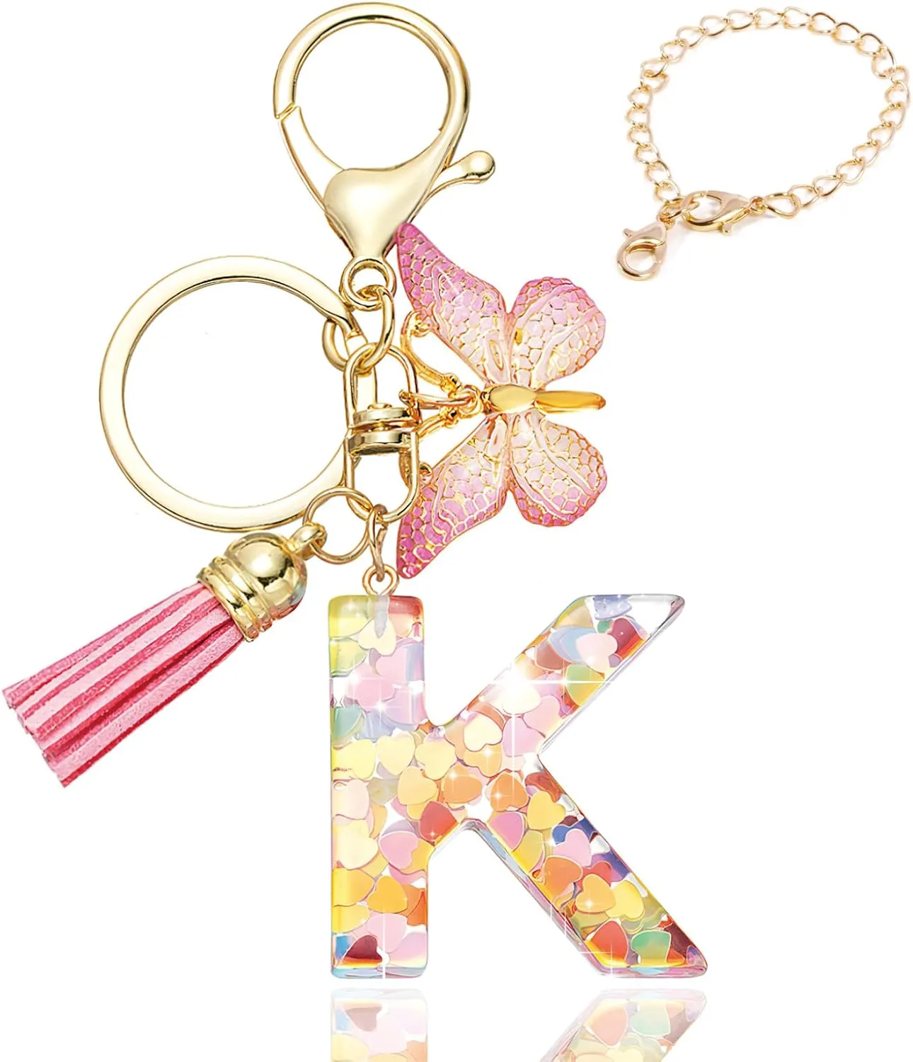 Cute Pink Initial Letter Keychain Tassel Butterfly Pendant for Women Girls CarKey Purse SchoolBag Handbag Cup charm