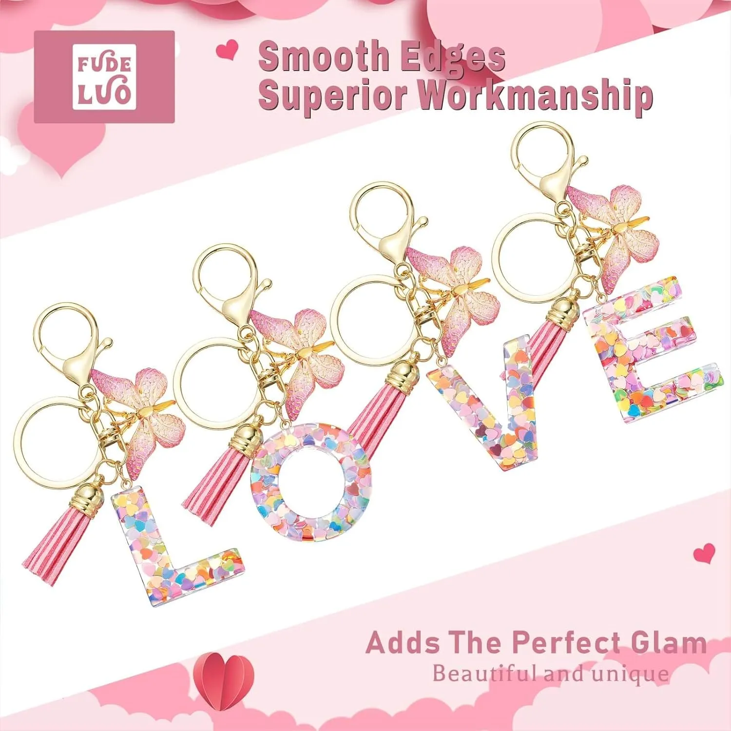 Cute Pink Initial Letter Keychain Tassel Butterfly Pendant for Women Girls CarKey Purse SchoolBag Handbag Cup charm
