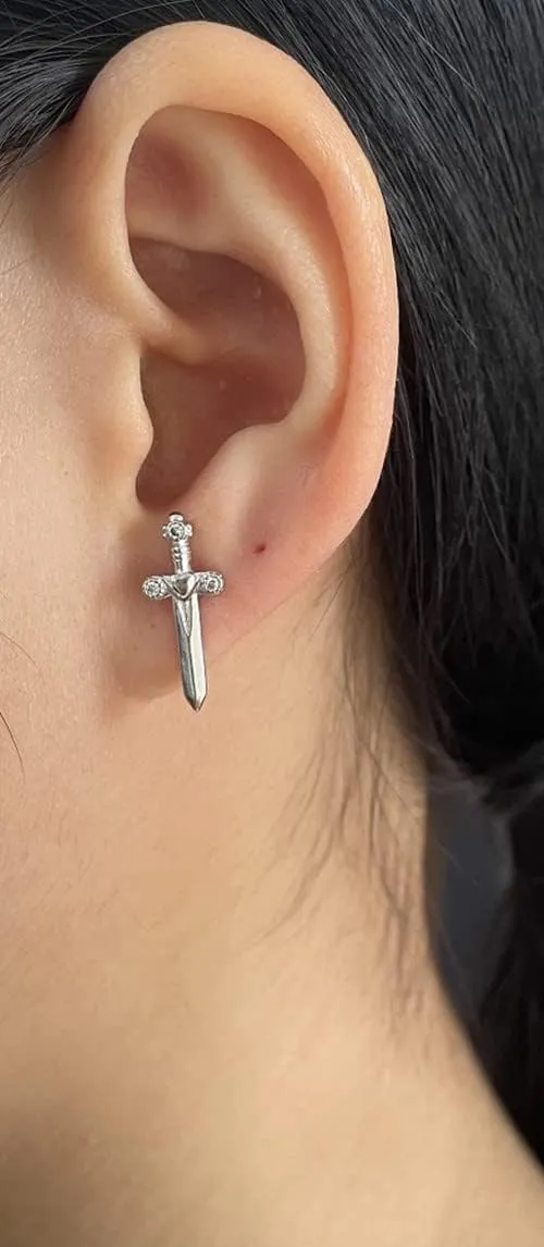 CZ Dagger Knife Small Cartilage Stud Earrings for Women Men Boys Sensitive Ear Silver Plated Punk Cute Personalized Minimalist Sword Hypoallergenic Piercing Post Gifts Bff Birthday Xmas 18mm
