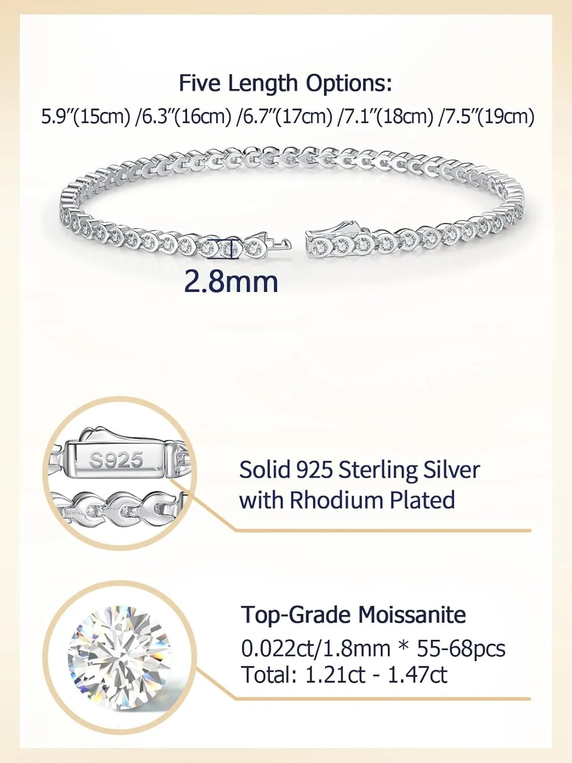 D Color VVS1 Clarity Moissanite Tennis Bracelet for Women, Really Authentic Solid 925 Sterling Silver, 5.5-7.5inch (14-19cm), Birthday Anniversary Valentines Mothers Day Ideal Gift for Her