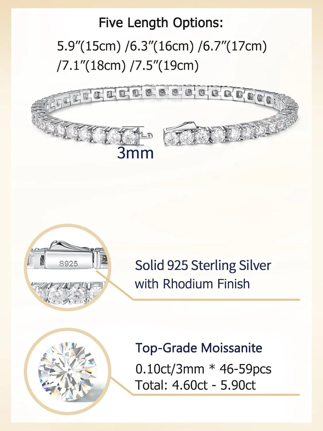 D Color VVS1 Clarity Moissanite Tennis Bracelet for Women, Really Authentic Solid 925 Sterling Silver, 5.5-7.5inch (14-19cm), Birthday Anniversary Valentines Mothers Day Ideal Gift for Her