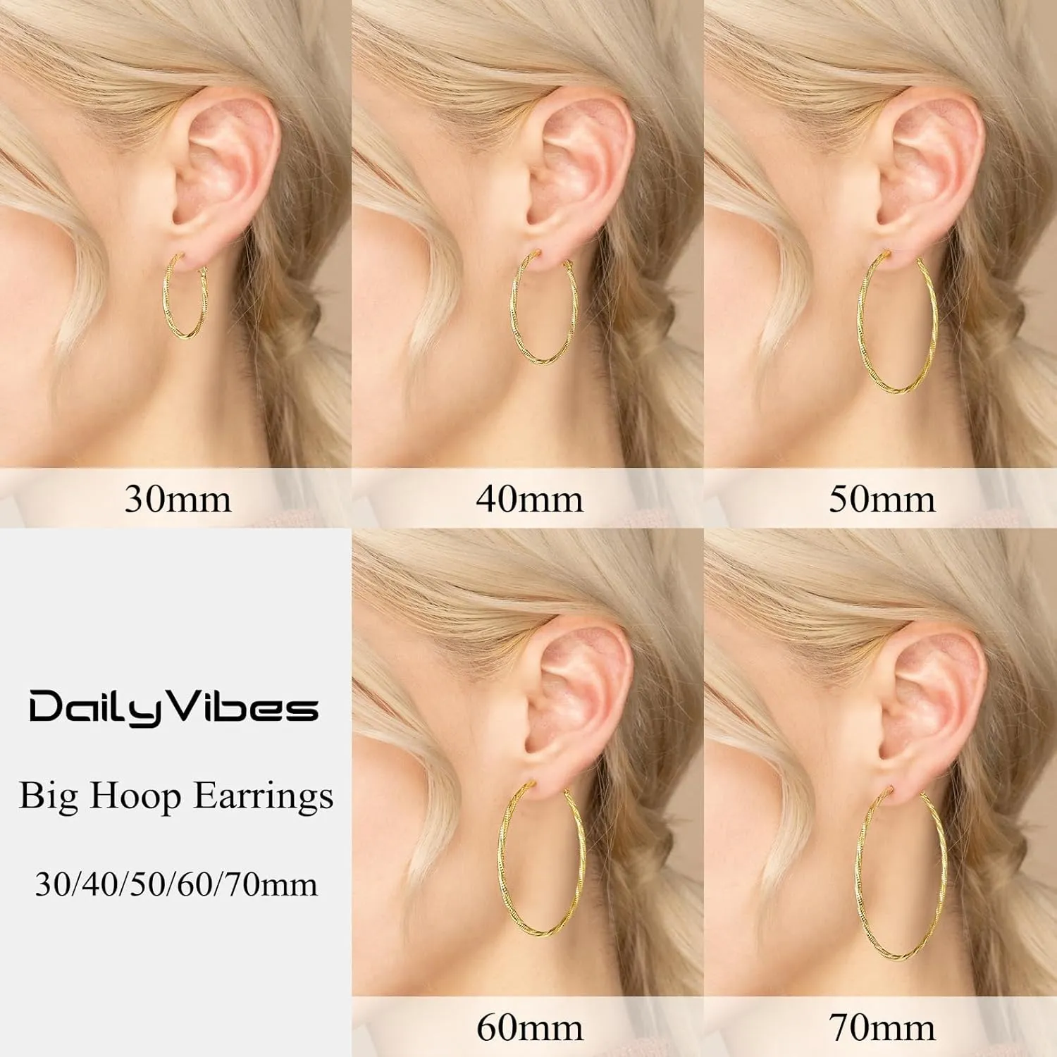 DAILY VIBES Thin Big Gold Hoop Earrings for Women Dainty 925 Sterling Silver Post Loop 14k Gold Plated Diamond-Cut Twisted Large Hypoallergenic Hoop Earrings for Women
