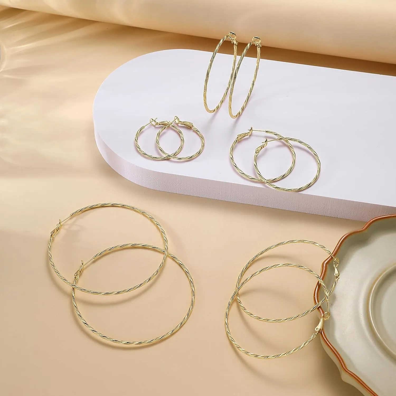 DAILY VIBES Thin Big Gold Hoop Earrings for Women Dainty 925 Sterling Silver Post Loop 14k Gold Plated Diamond-Cut Twisted Large Hypoallergenic Hoop Earrings for Women