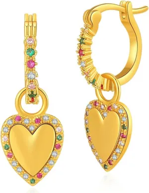 Dainty 14K Gold Plated Cubic Zirconia Heart Small Hoop Earrings Charm Mini Sparkly Colorful Crystal Love Heart Dangle Drop Huggie Earrings for Women