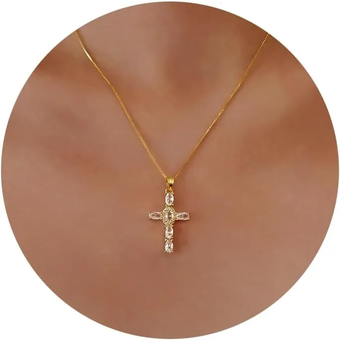 Dainty Gold Cross Pendant Necklace for Women - 18K/14K Plated with Sparkling CZ Gems, Adjustable 16"-18" Chain, Dainty Everyday Jewelry Gift for Her Christmas, Baptism, Anniversary (Box Included)
