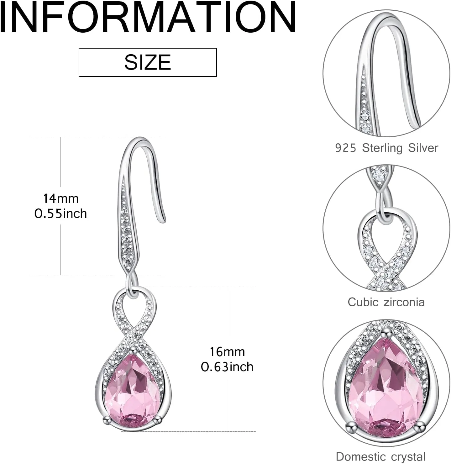 Dangle Drop Earrings 925 Sterling Silver Infinity Earrings Teardrop Crystal Leverback Earrings Birthstone Fine Jewelry Gifts for Women