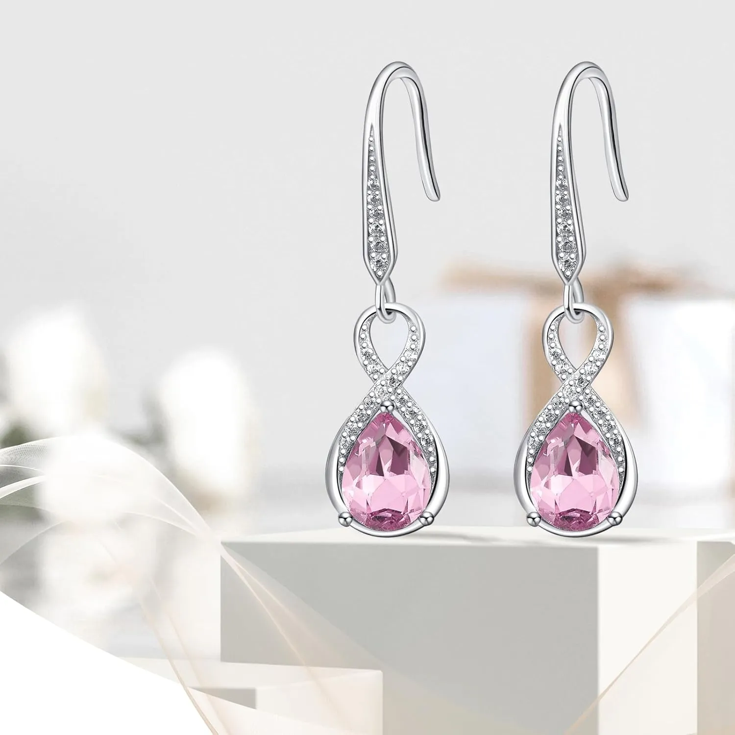 Dangle Drop Earrings 925 Sterling Silver Infinity Earrings Teardrop Crystal Leverback Earrings Birthstone Fine Jewelry Gifts for Women