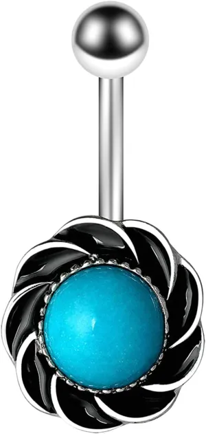 Dangle Navel Ring Stainless Steel, CZ Navel Rings for Women Dangle Round Black Blue Navel Rings