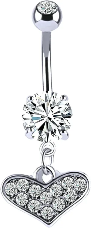 Dangle Navel Ring Stainless Steel, CZ Navel Rings for Women Hoop Heart Pendant White Belly Rings
