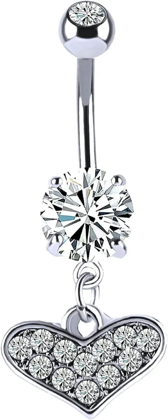 Dangle Navel Ring Stainless Steel, CZ Navel Rings for Women Hoop Heart Pendant White Belly Rings