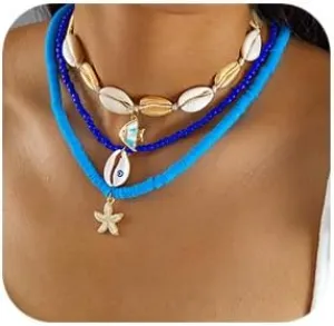 Denifery Bohemian Surfer Heishi Bead Layered Choker Necklace with Shell Charm Pendant Hawaii Holiday Beach Wedding Starfish Long Necklaces Set for Women