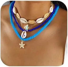 Denifery Bohemian Surfer Heishi Bead Layered Choker Necklace with Shell Charm Pendant Hawaii Holiday Beach Wedding Starfish Long Necklaces Set for Women