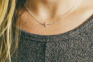 Designed By Stacey Handmade Sideways Curved Cross Necklace, Sterling Silver Chain, Sparkly Cubic Zirconia Religious Jewelry, Gifts for Her, Confirmation, Birthday, Wedding, 16 to 18" Adjustable Chain
