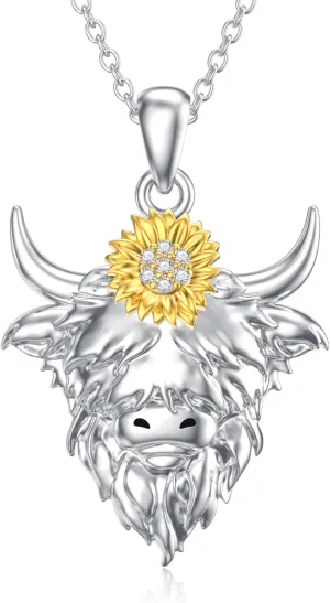 Diamond Highland Cow Necklace for Women 925 Sterling Silver Highland Cow With Sunflower Necklaces with Lab Grown Diamonds Jewelry Gifts for Mom Wife Girlfriend Daughter Sister Friend