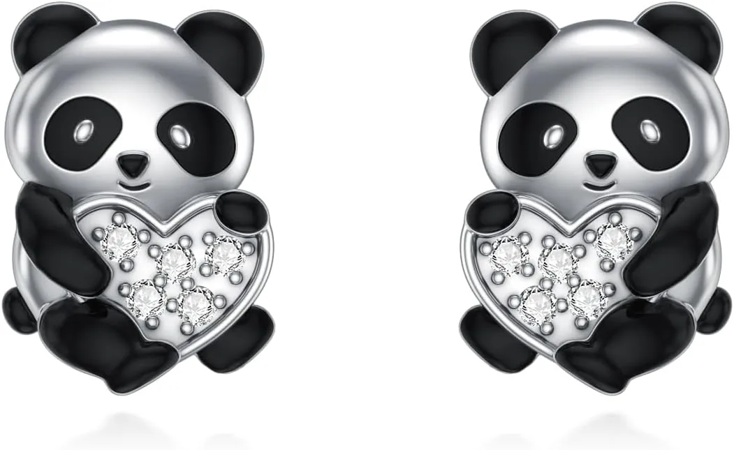 Diamond Panda Stud Earring Sterling Silver Panda Earring Jewelry for Mothers Day Valentines Christmas Birthday Gifts for Her Mom Girlfriend