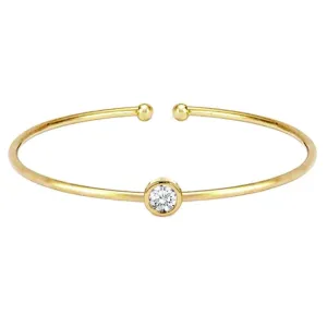 Diamond Solitaire Cuff Bangle Bracelet For Women, 14K Yellow Gold Plated Silver April Birthstone Open Cuff Diamond Adjustable Bangle