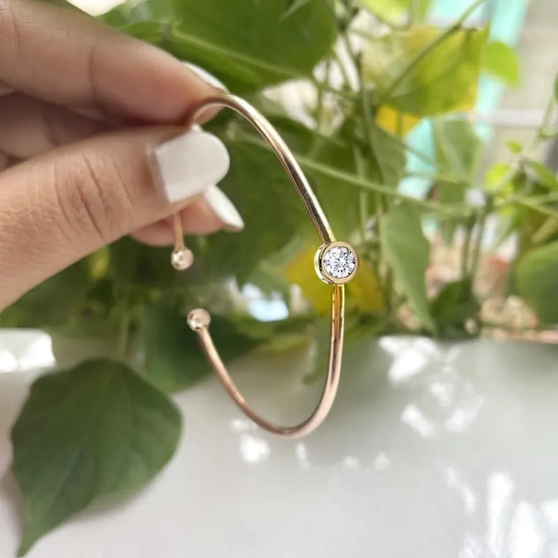 Diamond Solitaire Cuff Bangle Bracelet For Women, 14K Yellow Gold Plated Silver April Birthstone Open Cuff Diamond Adjustable Bangle