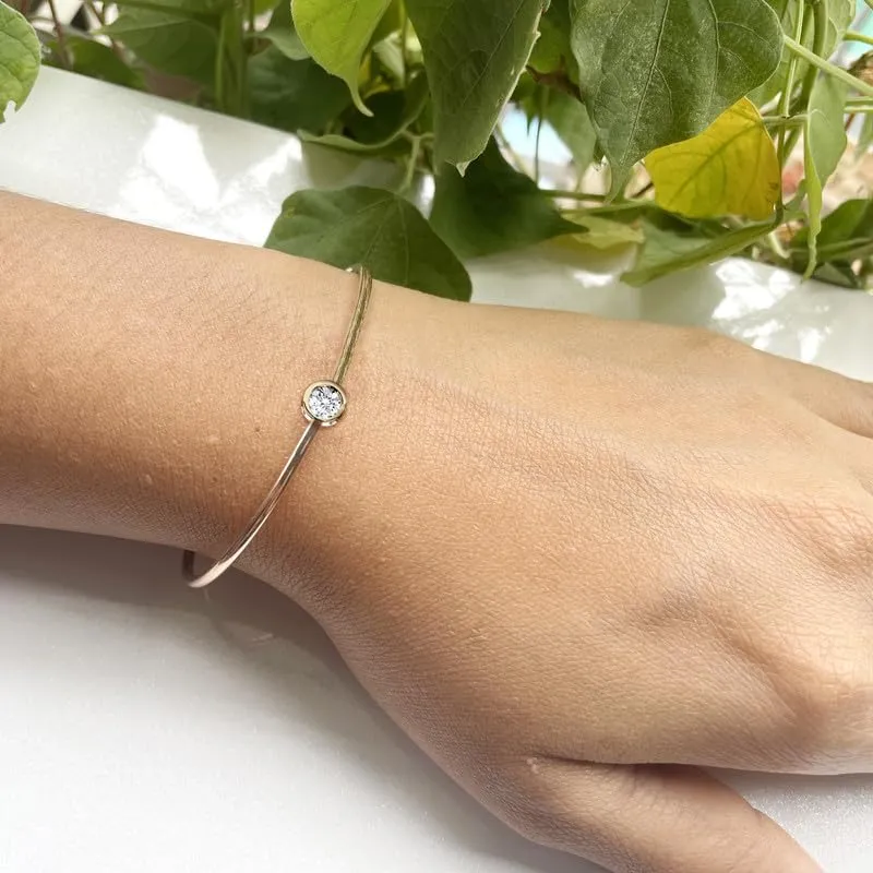 Diamond Solitaire Cuff Bangle Bracelet For Women, 14K Yellow Gold Plated Silver April Birthstone Open Cuff Diamond Adjustable Bangle
