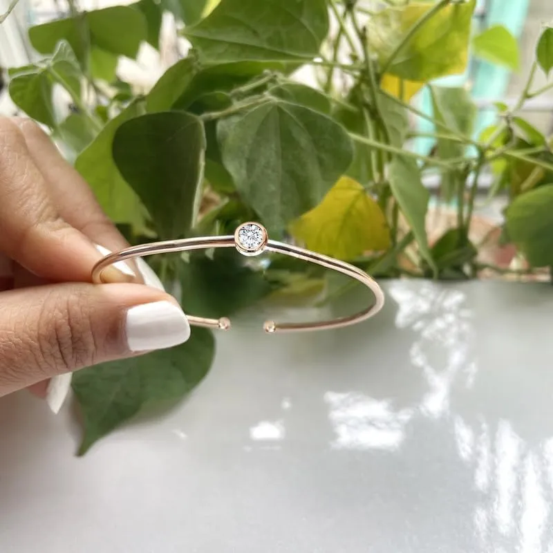 Diamond Solitaire Cuff Bangle Bracelet For Women, 14K Yellow Gold Plated Silver April Birthstone Open Cuff Diamond Adjustable Bangle