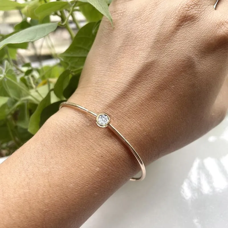 Diamond Solitaire Cuff Bangle Bracelet For Women, 14K Yellow Gold Plated Silver April Birthstone Open Cuff Diamond Adjustable Bangle