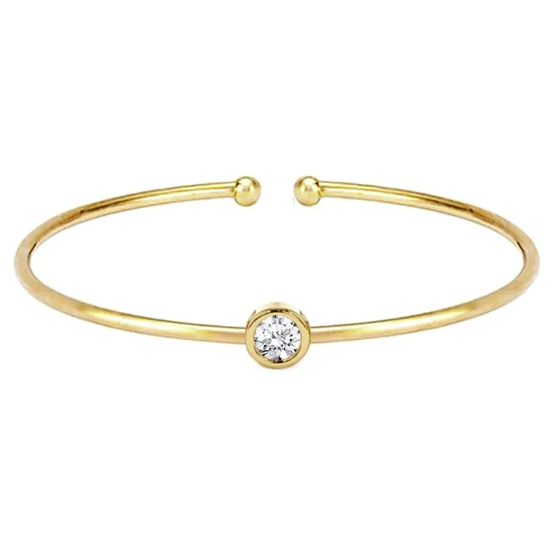 Diamond Solitaire Cuff Bangle Bracelet For Women, 14K Yellow Gold Plated Silver April Birthstone Open Cuff Diamond Adjustable Bangle