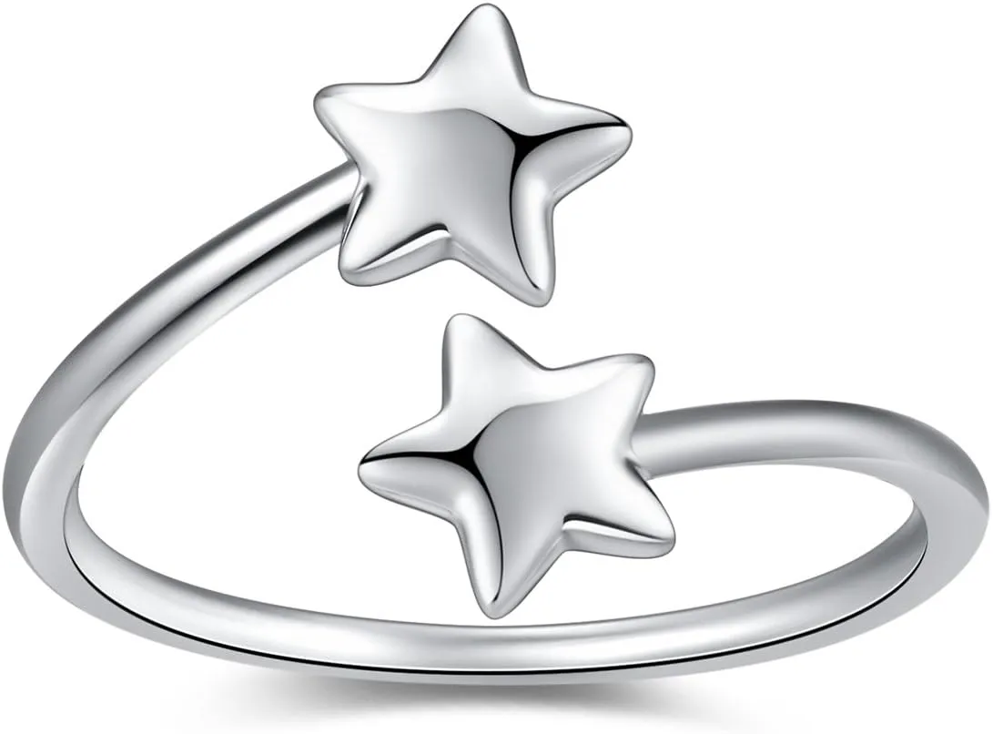 Double Cute Five Pointed Star Adjustable Open Rings, Silver Plated