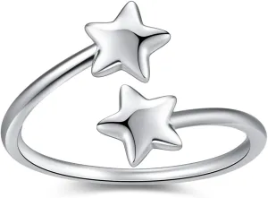 Double Cute Five Pointed Star Adjustable Open Rings, Silver Plated