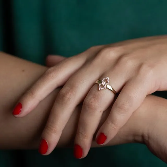 Double Diamond Shape CZ Link Fine Ring Real Solid Gold