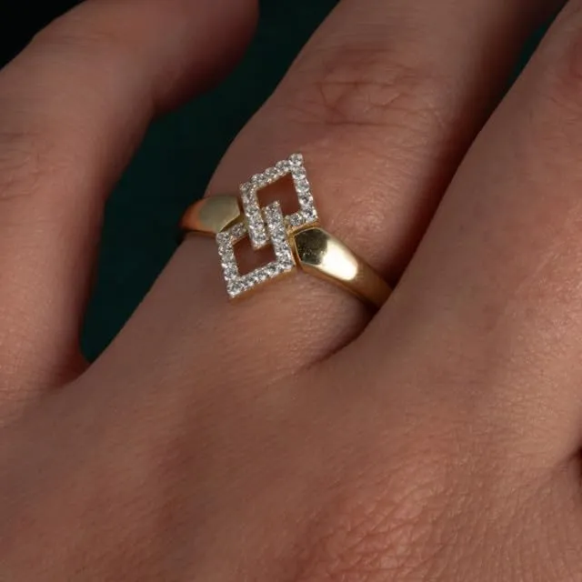 Double Diamond Shape CZ Link Fine Ring Real Solid Gold