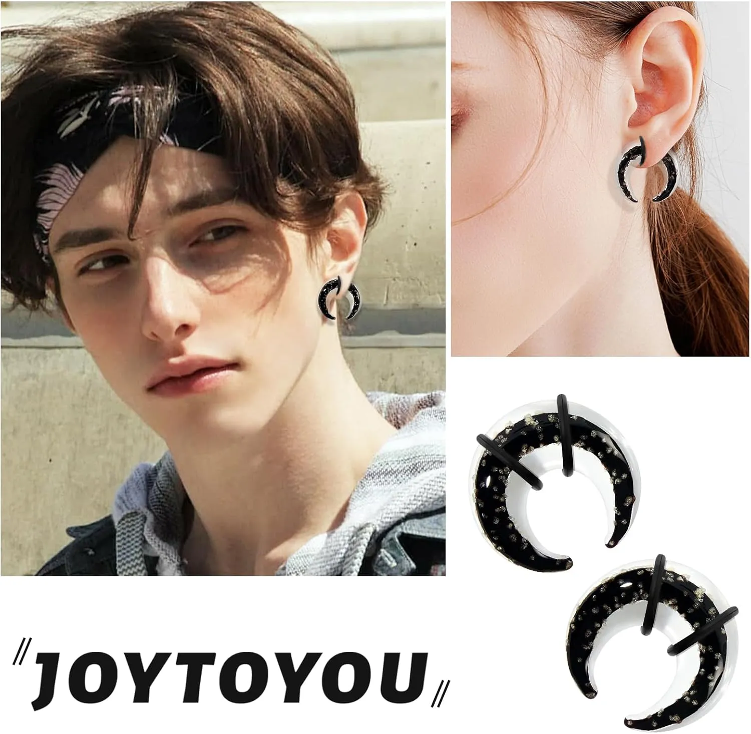 Ear Plugs Glass Horseshoes Gauges Noctilucent Pinchers Gauges Crescent C Shape Ear Expander with O-Rings Buffalo Ear Tapers Tunnels Piercing Jewelry for Men Women 2G-1/2
