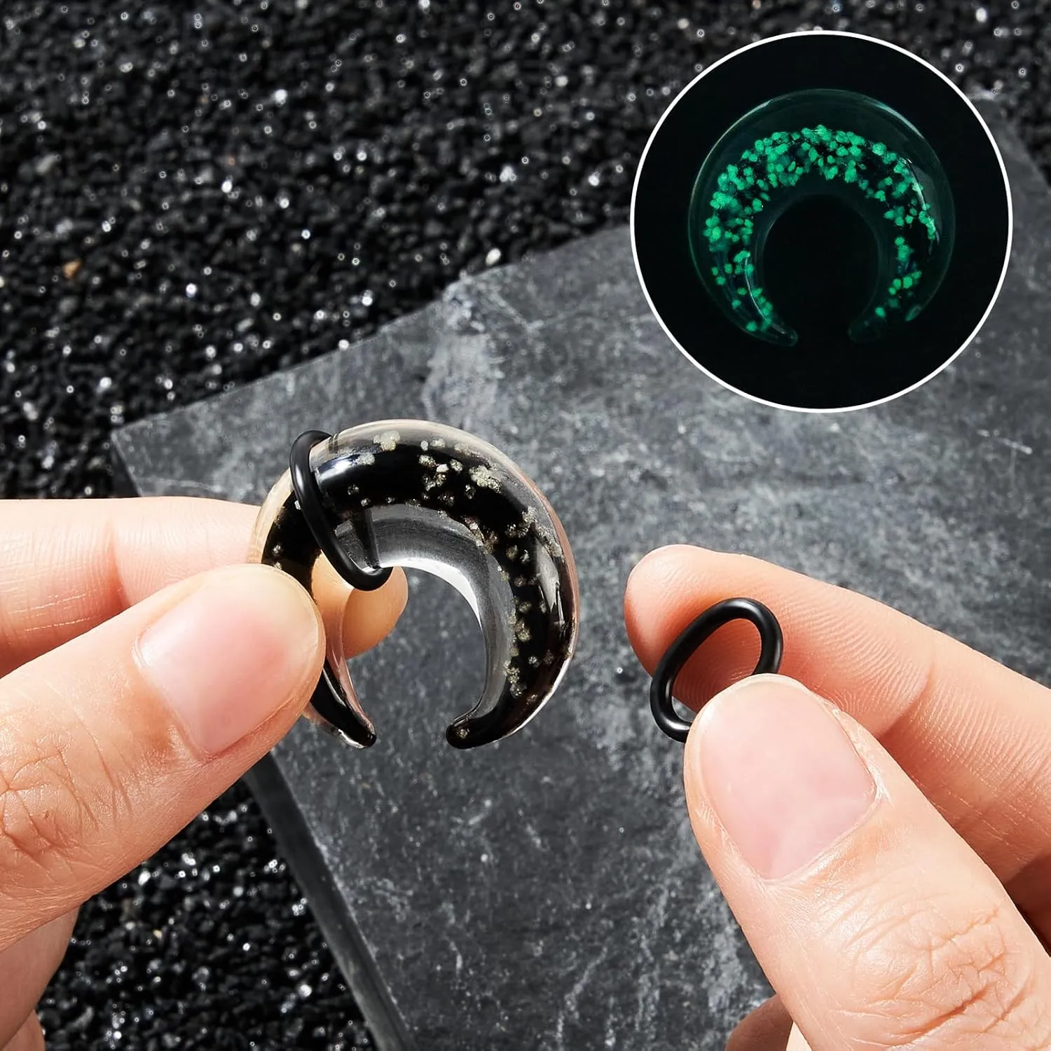 Ear Plugs Glass Horseshoes Gauges Noctilucent Pinchers Gauges Crescent C Shape Ear Expander with O-Rings Buffalo Ear Tapers Tunnels Piercing Jewelry for Men Women 2G-1/2