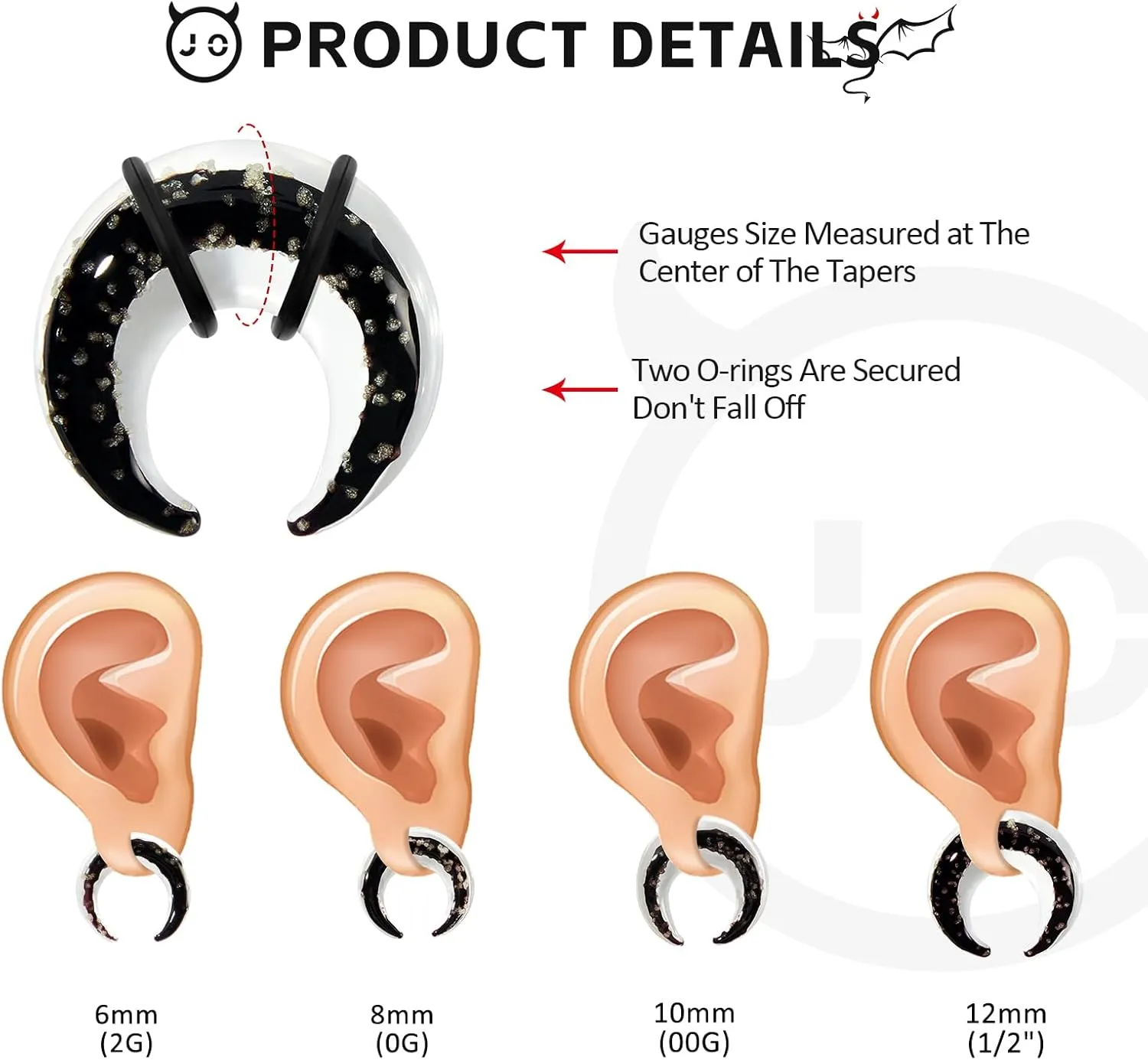 Ear Plugs Glass Horseshoes Gauges Noctilucent Pinchers Gauges Crescent C Shape Ear Expander with O-Rings Buffalo Ear Tapers Tunnels Piercing Jewelry for Men Women 2G-1/2