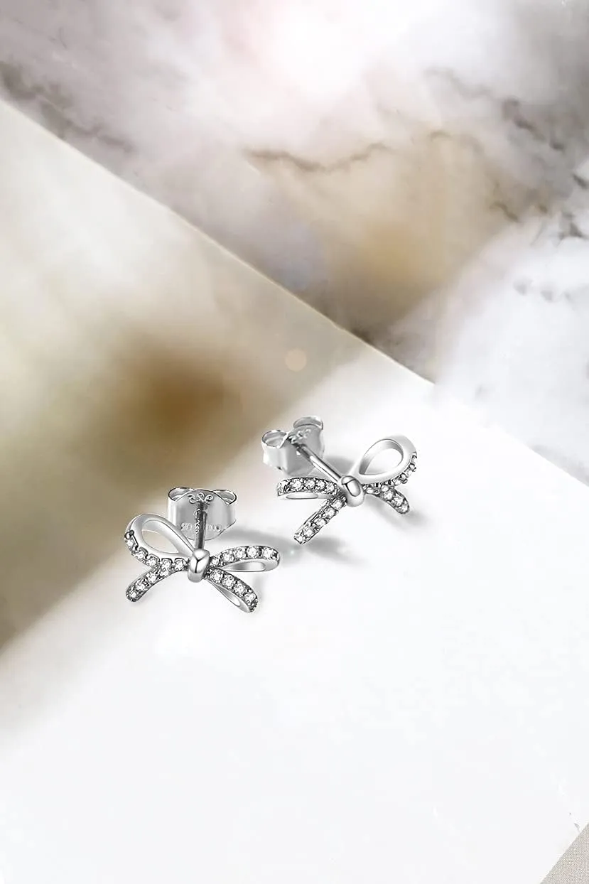 Earrings for Women, 925 Sterling Silver Bow With Cubic Zirconia 14K White Gold Plated Stud Earrings,Hypoallergenic Simple Gold Plated Jewelry Gift for Women,For Family, Loved Ones, Friends