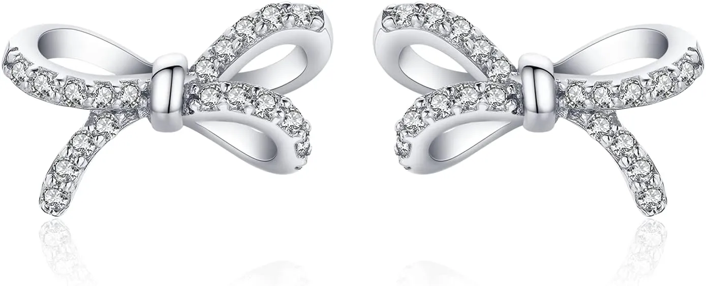 Earrings for Women, 925 Sterling Silver Bow With Cubic Zirconia 14K White Gold Plated Stud Earrings,Hypoallergenic Simple Gold Plated Jewelry Gift for Women,For Family, Loved Ones, Friends