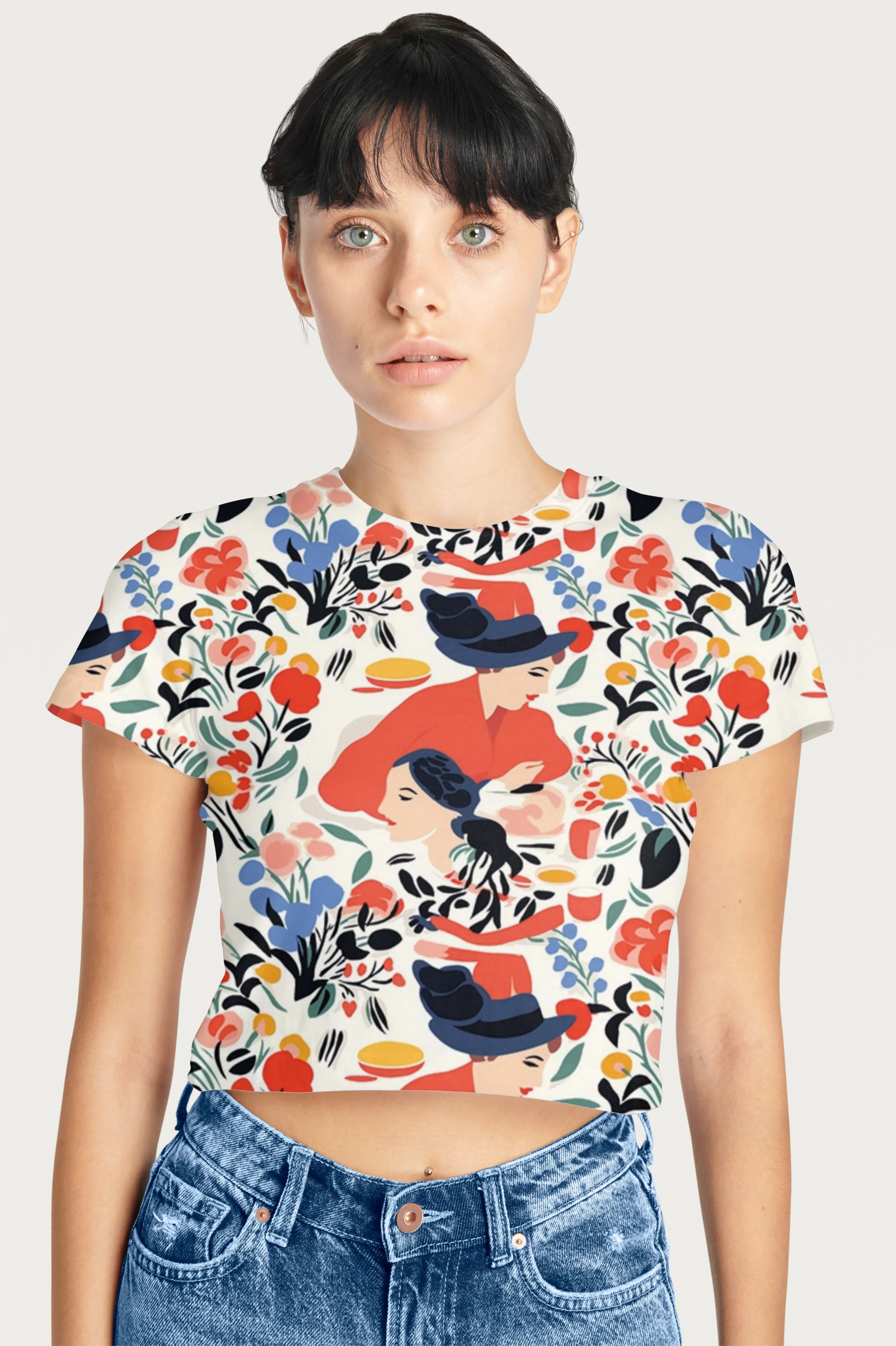 Elegance in Bloom: Red Floral Print Crop Top