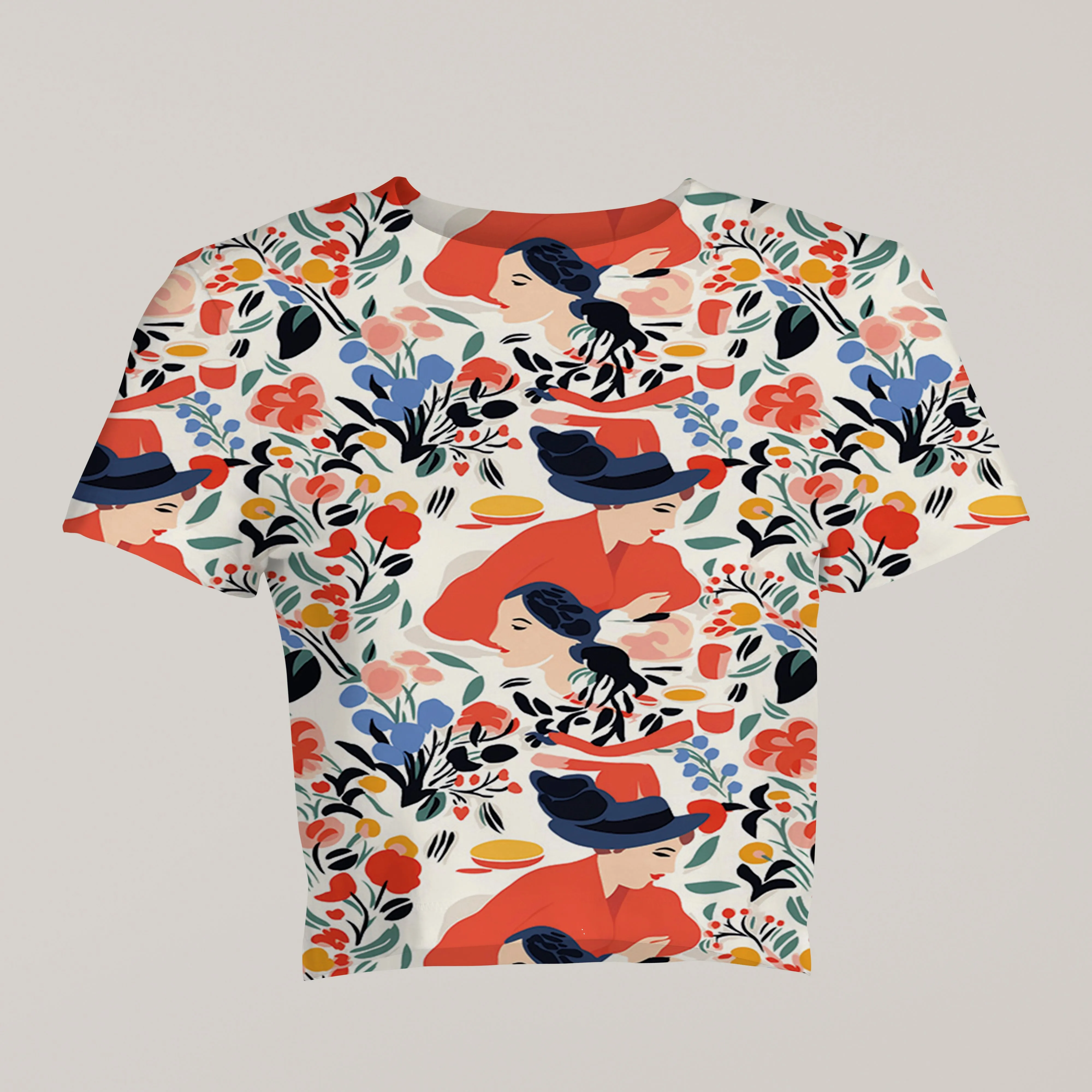 Elegance in Bloom: Red Floral Print Crop Top