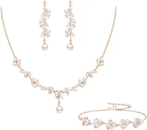 EleQueen Women's Simulated Pearl Wedding Jewelry Set, Cubic Zirconia Marquise Floral Bridal Necklace Earrings Bracelet Sets