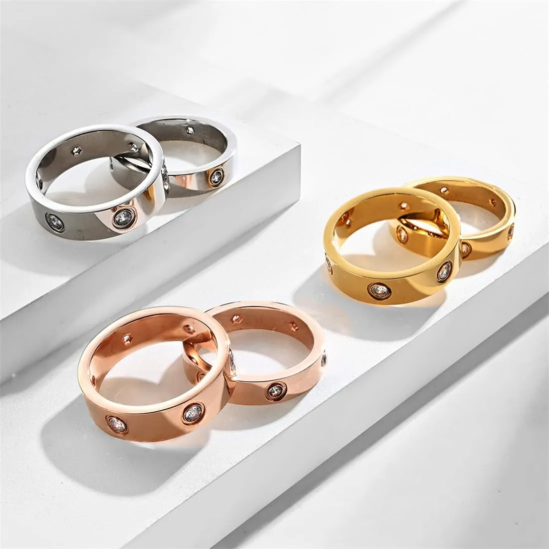 Europe and The United States Titanium Steel with Diamonds Ring, Couple with Diamonds Stainless Steel Ring,Pink 1,6