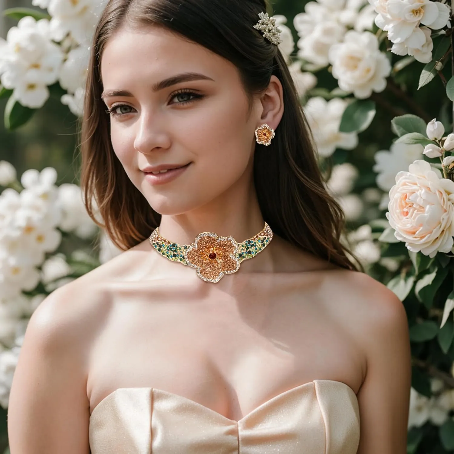 EVER FAITH Crystal Flower Collar Necklace, Gold Plated Layered Tennis Chain Spring Blooming Rose Statement Choker Necklaces Stud Earrings Boho Party Prom Jewelry Accessories for Women