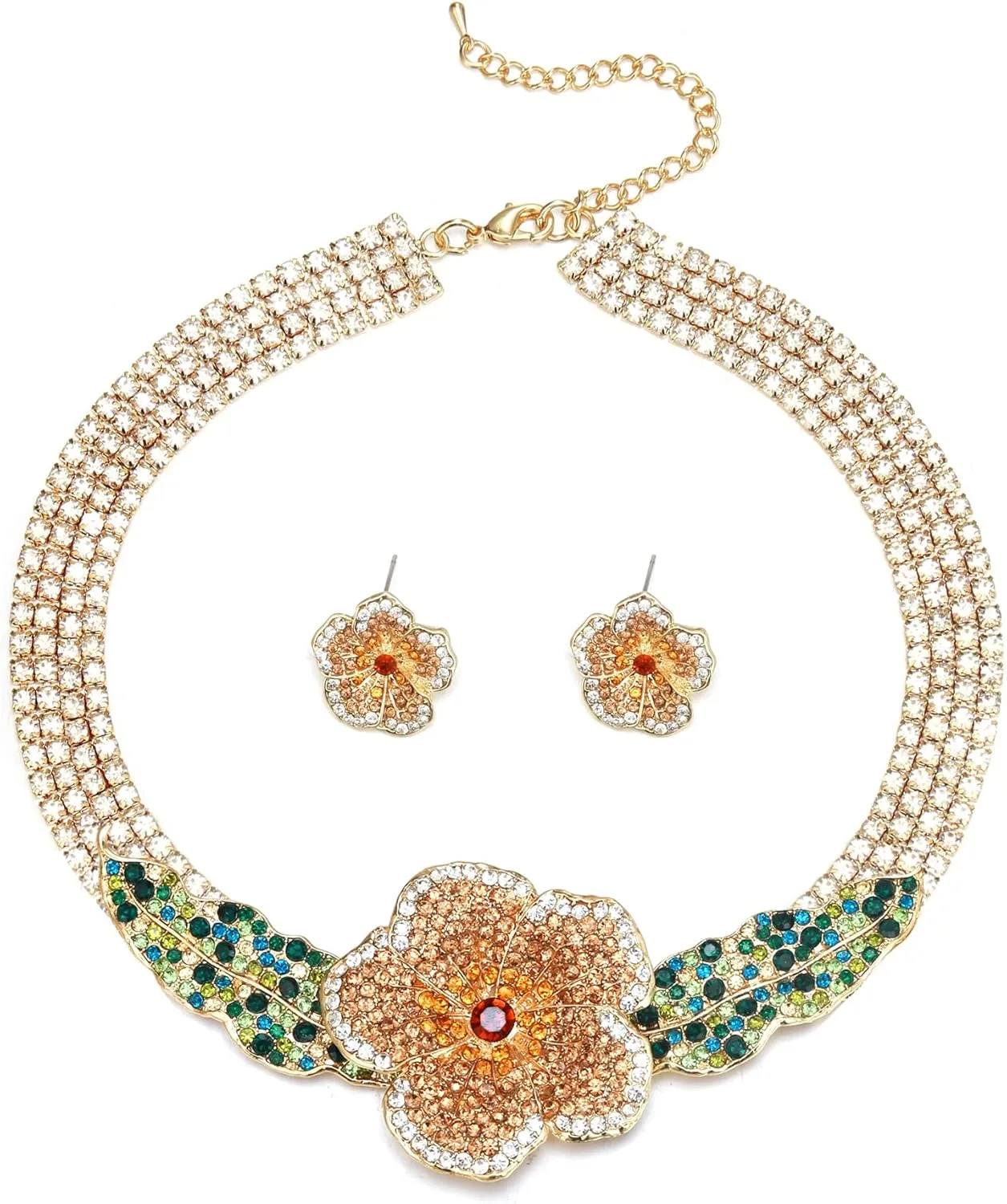 EVER FAITH Crystal Flower Collar Necklace, Gold Plated Layered Tennis Chain Spring Blooming Rose Statement Choker Necklaces Stud Earrings Boho Party Prom Jewelry Accessories for Women