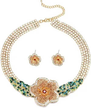 EVER FAITH Crystal Flower Collar Necklace, Gold Plated Layered Tennis Chain Spring Blooming Rose Statement Choker Necklaces Stud Earrings Boho Party Prom Jewelry Accessories for Women