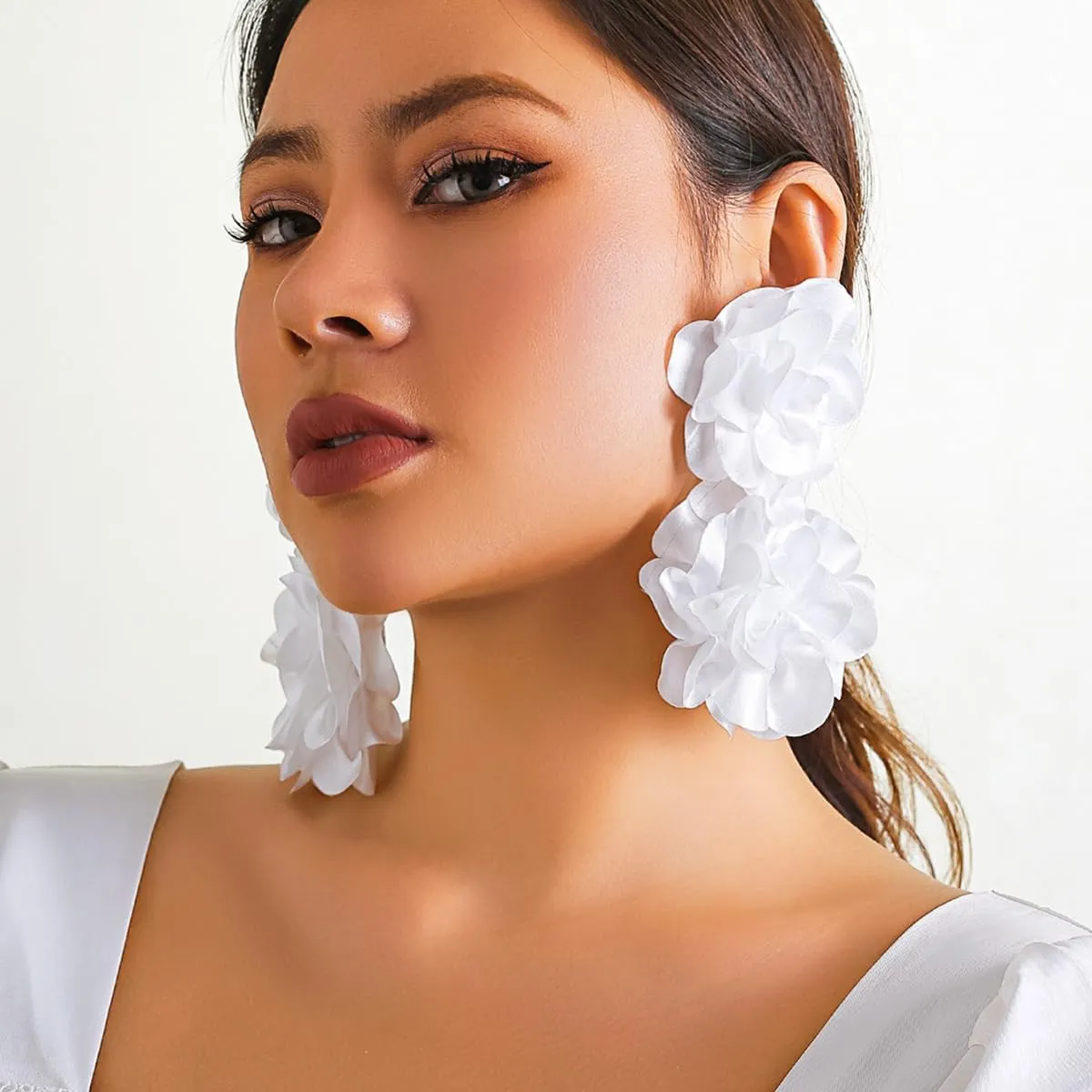 Fabirc Petal Flower Dangle Earrings for Women Girls Chiffon Floral Statement Earrings Jewelry for Dancing Banquet Tango Earrings