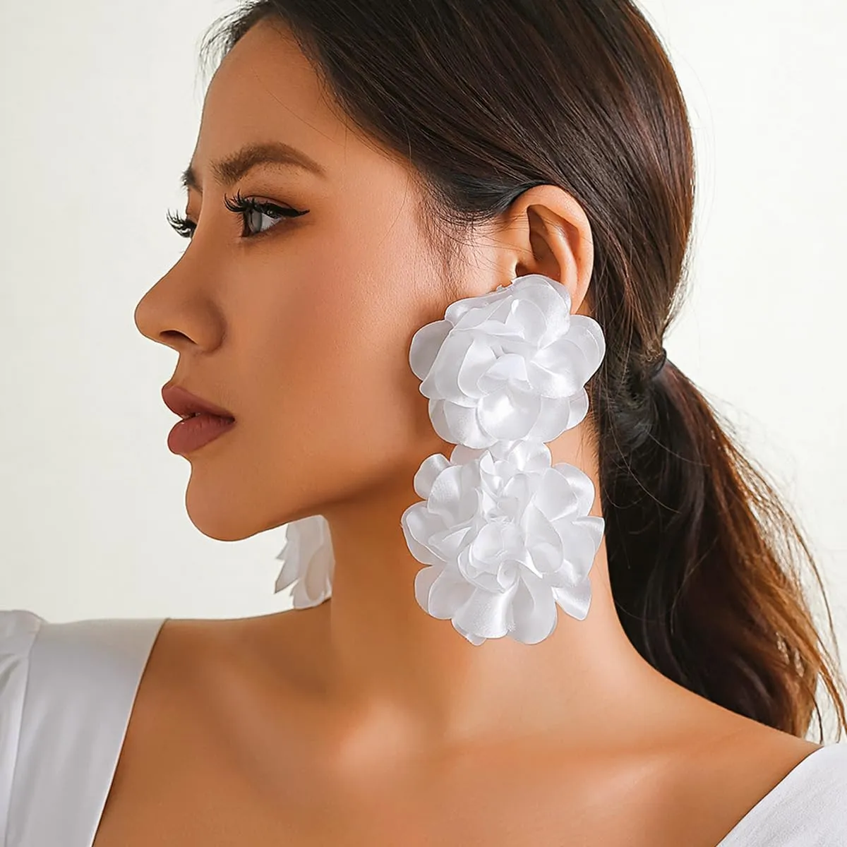 Fabirc Petal Flower Dangle Earrings for Women Girls Chiffon Floral Statement Earrings Jewelry for Dancing Banquet Tango Earrings