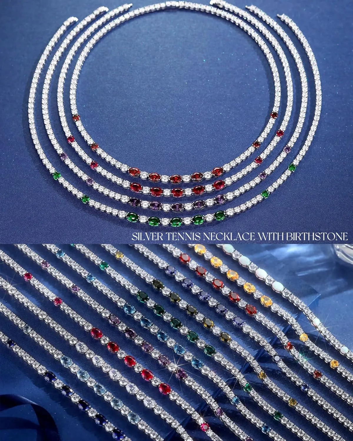 FANCIME Sterling Silver Tennis Necklace 4mm 18 inch Birthstone Necklace with 6 * 8mm Oval Gemstone Luxury Fine Birthday Jewelry Gifts for Women